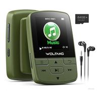 WOLFANG Lettori MP3 da 64 GB con Bluetooth 5.3, clip sportiva, formato mini, peso 1 oz, radio FM HiF, registratore vocale, auricolari inclusi, verde militare