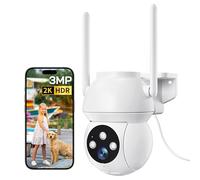 WOLFANG Telecamera di sicurezza esterna 2K 3MP, telecamera WiFi PTZ 360°, visione notturna a colori, rilevamento AI, allarme acustico e luminoso, IP65 resistente alle intemperie, funziona con Alexa e