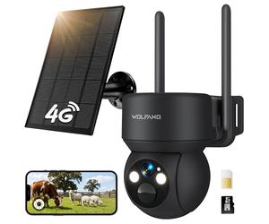 WOLFANG Telecamera Esterno 4G con SIM, Telecamera Esterno 360° PTZ, Visione Notturna a Colori, Rilevazione di Movimento PIR con Allarme, IP66, Audio a 2
