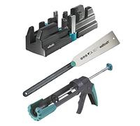 wolfcraft Kit Fissaggio Battiscopa - Rapportatore e Tagliacornici - 3 Pezzi | Kit con sega giapponese e pistola per silicone per posa battiscopa e finitura pavimenti fai da te. Art. 6977000