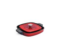 Woll Iron - Bistecchiera quadrata in ghisa con scanalature, con pressa per bistecca e manici in silicone, 28 x 28 cm, altezza 4,5 cm, adatta per tutti i piani cottura, utilizzabile in forno fino a 250