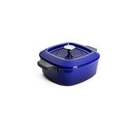 Woll Iron Casseruola quadrata con scanalature, inclusa pressa per bistecca con manici in silicone, induttiva, 24 x 24 cm, altezza 4,5 cm, adatta per tutti i piani cottura, utilizzabile in forno fino a 250°, senza manici in silicone, blu
