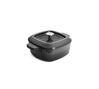 Woll Iron - Casseruola quadrata con scanalature, inclusa pressa per bistecca con manici in silicone, induttiva, 24 x 24 cm, altezza 4,5 cm, adatta per tutti i piani cottura, utilizzabile in forno fino a 250°, senza manici in silicone, colore: Grigio