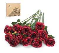 Woltoy 12 Pezzi Rosso Rose Finte, Bouquet Fiori Artificiali Naturali e Vere, Fiori Finti di Rosa con Steli Lunghi per Matrimonio Centrotavola, Salotti, Giardini, Matrimoni, Ufficio, Feste.