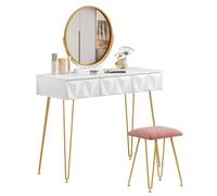 WOLTU 1SET Toeletta in oro bianco con 360 ° Specchio girevole effetto 3D Sgabello in velluto Comò per trucco cosmetico per camera da letto