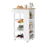 WOLTU Carrello Cucina con Cassetto, Cestino, Portabottiglie e 3 Ripiani Laterali, Mobiletto Salvaspazio con Ruote Girevoli, per Cucina, Sala da Pranzo e Soggiorno, Colore Bambù + Bianco