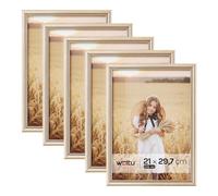 WOLTU Cornice per Foto A4 21x29,7 cm Set di 5 da Parete e Tavolo, Portafoto con Cornice in Legno Massello e Pannello in Plastica, Collage Foto, Oro