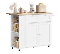 WOLTU Isola Cucina con Ruote Girevoli a 360°, Piano Ribaltabile, Scaffale Laterale a 3 Ripiani e 2 Cassetti, Carrello Cucina in Legno con 2 Ante e Portasciugamani, Rovere Chiaro + Bianco