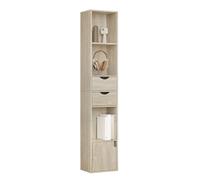WOLTU Libreria Scaffale, Libreria Verticale, Mobile Portaoggetti Portalibri | con 3 Vani Aperti, 2 Cassetti e 1 Armadietto, da Terra con Ripiano Regolabile, Legno Chiaro, 30x24x158cm, in Legno, Moderna