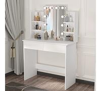 WOLTU Postazione Trucco, Toeletta Trucco con Luci, Scrivania con Specchio e 10 Lampadine LED Dimmerabili, 2 Cassetti e 4 Ripiani, Comò per Camera da Letto in Legno, Bianco, 90x40x135cm, MB6096ws