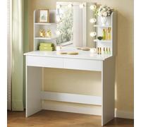 WOLTU Postazione Trucco, Toeletta Trucco con Luci, Toeletta Trucco,Scrivania con Specchio e 10 Lampadine LED Dimmerabili,2 Cassetti e 4 Ripiani,Comò per Camera da Letto in Legno, Bianco, 90x40x135cm