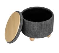 WOLTU Pouf Contenitore con Coperchio, Pouf Poggiapiedi in Lino Grosso, Sgabello Tondo Salvaspazio con Gambe in Legno di Pino per Soggiorno, Corriodio, Camera, Ø 39x33 cm, Grigio Scuro
