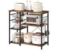 WOLTU Scaffale da Cucina con 2 Cestelli Estraibili, Supporto per Microonde con 2 Ripiani in Rete Metallica, Scaffalatura Portaoggetti con 5 Ganci, 90x40x82 cm, Marrone Rustico + Nero