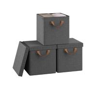 WOLTU Scatole Contenitori Pieghevoli Set di 3, Cubi in Tessuto con Coperchio, Manico e Struttura in Metallo, Organizer per Scaffale e Armadio, Grigio, 27x27x27cm