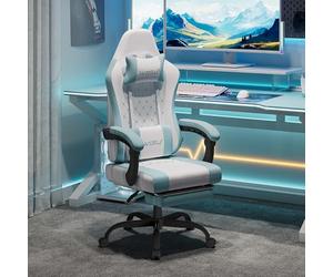 WOLTU Sedia Gaming con Massaggio, Poltrona Ufficio Ergonomica, Ampia Sedia Girevole Imbottita per Computer con Cuscino Lombare Massaggiante, Carico 150 Kg, Tessuto a rete Bianco+Blu
