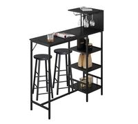 WOLTU Set 3 Pezzi Tavolo da Bar con 2 Sgabelli Alti, Tavolo da Cucina con 4 Ripiani e 2 Portabicchieri da Vino, Mobile da Bar per Casa, Soggiorno, Ufficio, in Truciolato e Metallo, Nero