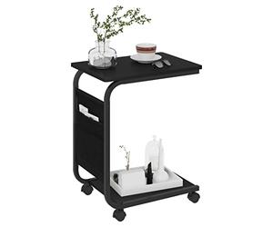 WOLTU Tavolino da caffè, Tavolo con 2 Ripiani e 1 Tasca Laterale, Tavolino Soggiorno a Forma di C, su Rotelle, per Divano Letto, in Legno Truciolare e Metallo, 50x35x62cm, Nero BTS04sz