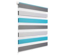 WOLTU Tenda a Rullo per interni Doppio Strato Giorno e Notte, Fissaggio a Morsetto Senza Foratura 90l x 150A cm Bianco+Grigio+Turchese, Tenda Traslucida e Oscurante per Finestra o Porta