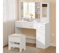 WOLTU Toeletta con Cassetti per Gioielli e Grande Specchio, Sedia da Make Up, Seduta Imbottita, Specchio a Luce LED Regolabile, Tavolo da Trucco con Prese, Cassetti e Ripiani, Bianco