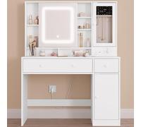 WOLTU Toeletta con Cassetti per Gioielli e Grande Specchio, Specchio a Luce LED Regolabile, Tavolo da Trucco con Prese, Cassetti e Ripiani, Bianco