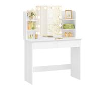 WOLTU Toeletta con Specchio e Luci LED, Postazione Trucco con 10 Lampadine Dimmerabili, Scrivania da Trucco con 2 Cassetti e 4 Ripiani, Tavolo da Camera da Letto, Legno, 90x40x135cm, Bianco