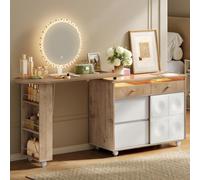 WOLTU Toeletta con Specchio LED Mobile, Bianco + Rovere Marrone Chiaro | Cassettiera Estensibile e Reversibile, Ripiani Laterali con Barre di Protezione, Illuminazione a LED Integrata