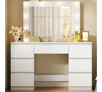 WOLTU Toeletta da Trucco, con Specchio e Luci LED, Luminosità Regolabile, Tavolo da Trucco, con 7 Cassetti, Postazione Make Up, 107x39,5x140,5cm, Cassettiera in Legno, Bianco, MB6099ws