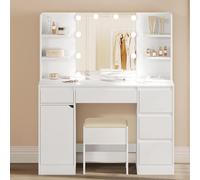 WOLTU Toeletta Trucco con Luci LED Regolabili, Tavolo da Trucco Moderno Bianco con Sgabello, Specchio Illuminato, 5 Cassetti e Ripiani, Postazione Make-Up per Camera da Letto