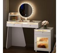 WOLTU Toeletta Trucco con Specchio Rotondo LED Mobile, Bianco | 3 Cassetti, 1 Armadietto Installabile a Sinistra o Destra, Luce a 3 Colori Regolabile, per Camera da Letto