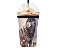 Wolves Family - Manicotto per tazza in neoprene elasticizzato per bevande calde/fredde, riutilizzabile, isolante, per casa, ufficio, viaggi, 13,5 x 6 cm