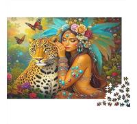 Woman & Leopard 1000 Pezzi Puzzle Carta Riciclata Exotic Wildlife Puzzles per Anziani Divertente E Impegnativa Gioco Per La Famiglia Perfetto for Benedizioni Di Vacanza 38x26cm/1000pcs