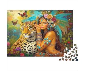 Woman & Leopard 1000 Pezzi Puzzle Carta Riciclata Exotic Wildlife Puzzles per Anziani Divertente E Impegnativa Gioco Per La Famiglia Perfetto for Benedizioni Di Vacanza 38x26cm/1000pcs