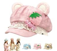 Woman's Y2K Bear Beret Kawaii Hat Octagonal Cap Cute Bear,Cake Newsboy Cap | Y2k Cutecore Kawaii Plush Strawberry Cake Cat Ears Caps with Lace Bow Ornament,Soft Lolita Beret Hat for Winter Daily Wear