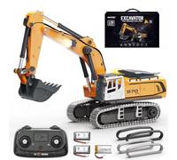 Womaqu Escavatore Radiocomandato Professionale Mini 1:50 per Sabbia e Sabbiera, Escavatore RC Cingolato con Benna in Metallo e Cingoli Metallici, Telecomando LCD 2,4 GHz, Luci e Suoni, 2 Batterie
