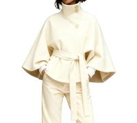 Women Batwing Sleeve Ponchos Pea Coat Wool Bland Stand Collar Jacket Autumn And Winter Fashion Solid Color Cloak Cropped Overcoat(Beige,XL)