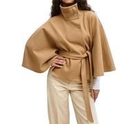 Women Batwing Sleeve Ponchos Pea Coat Wool Bland Stand Collar Jacket Autumn And Winter Fashion Solid Color Cloak Cropped Overcoat(Khaki,L)