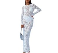Women Bodycon Lace Maxi Dress Sheer Long Sleeve Pull On Design (White,M)