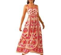 Women Cami Maxi Dress, Women's Summer Spaghetti Strap Cami Midi Floral Dress, Summer Graffiti Vacation Sundress (Red,XL)