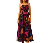 Women Cami Maxi Dress, Women's Summer Spaghetti Strap Cami Midi Floral Dress, Summer Graffiti Vacation Sundress (Black,XL)