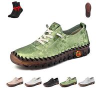 Women Casual Slip on Flat Loafers,Non-Slip Beef Tendon Orthotic WalkShoe,Leather Trainers Womens,Comfy Breathable(Green,38 EU)