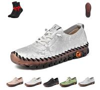 Women Casual Slip on Flat Loafers,Non-Slip Beef Tendon Orthotic WalkShoe,Leather Trainers Womens,Comfy Breathable(Grey,40 EU)