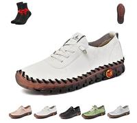 Women Casual Slip on Flat Loafers,Non-Slip Beef Tendon Orthotic WalkShoe,Leather Trainers Womens,Comfy Breathable(White,40 EU)