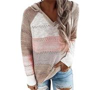 Women Color Block Hooded Crochet Striped Sweaters Lightweight Drawstring Pullover Long Sleeve Tops for Fall Fashion Knit