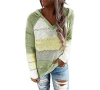 Women Color Block Hooded Crochet Striped Sweaters Lightweight Drawstring Pullover Long Sleeve Tops for Fall Fashion Knit