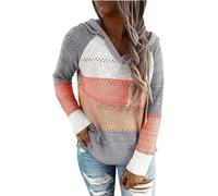 Women Color Block Hooded Crochet Striped Sweaters Lightweight Drawstring Pullover Long Sleeve Tops for Fall Fashion Knit