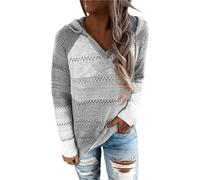 Women Color Block Hooded Crochet Striped Sweaters Lightweight Drawstring Pullover Long Sleeve Tops for Fall Fashion Knit