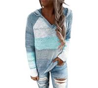 Women Color Block Hooded Crochet Striped Sweaters Lightweight Drawstring Pullover Long Sleeve Tops for Fall Fashion Knit