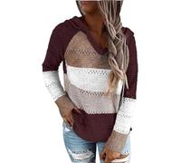Women Color Block Hooded Crochet Striped Sweaters Lightweight Drawstring Pullover Long Sleeve Tops for Fall Fashion Knit