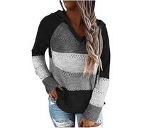 Women Color Block Hooded Crochet Striped Sweaters Lightweight Drawstring Pullover Long Sleeve Tops for Fall Fashion Knit