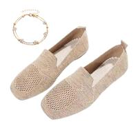 Women Comfortable Arch Support Non-Slip Flat Shoes, Plus Size Womens Lightweight Breathable Knit Square Toe Flats, Ladies Comfort Slip Ons Orthopaedic Walking Shoes (38,Beige)